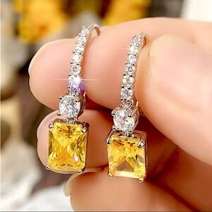 Silver Citrine Yellow Diamond Cubic Zirconia Dangle Earrings